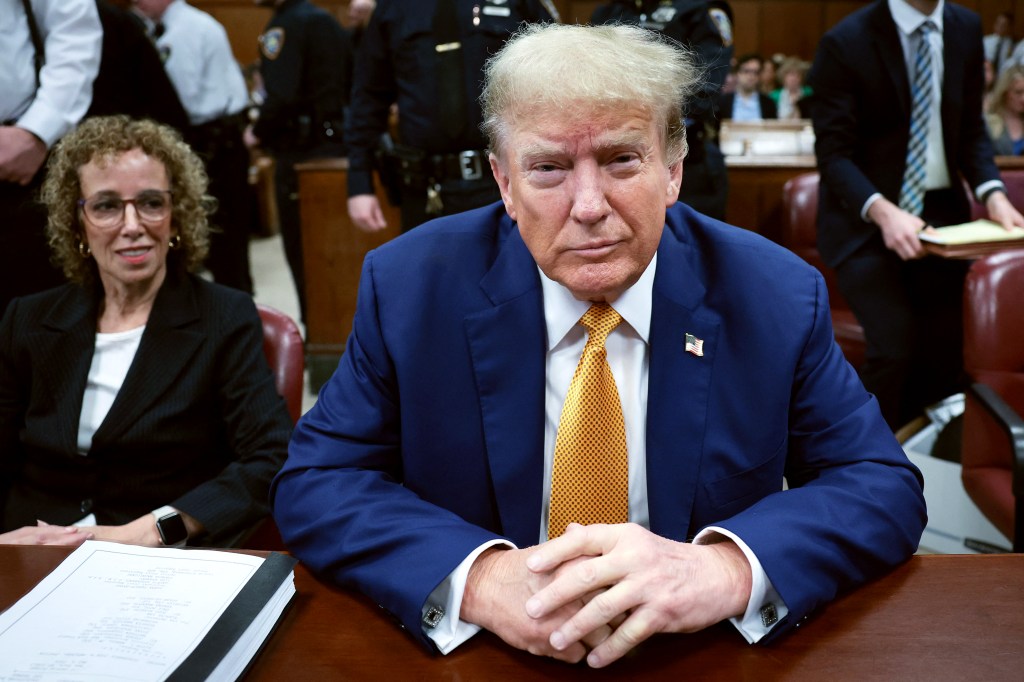 Former President Donald Trump attends his trial for allegedly covering up hush money payments related to extramarital affairs, in Manhattan Criminal Court in New York City, on May 7, 2024.